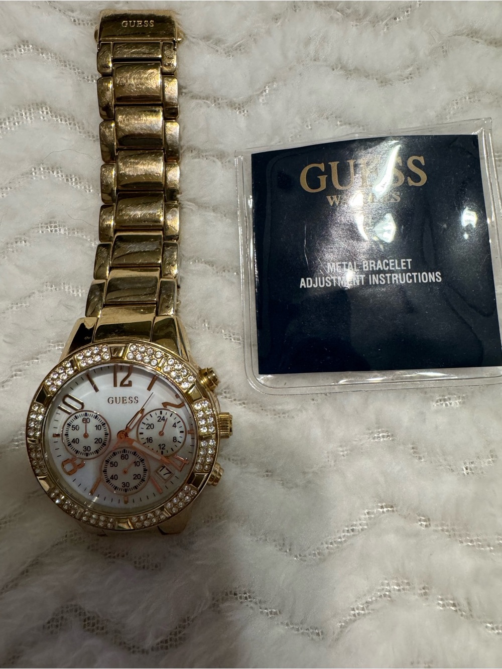GUESS Gold Tone Crystal Bezel Women's Watch with White Dial
